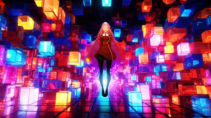 Zero Two in a digital world of cubes