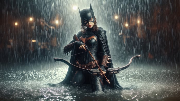 Batgirl with a bow and arrow in the rain