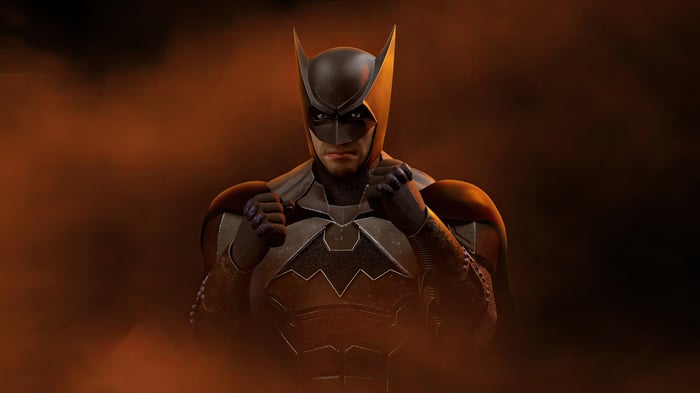 Batman in a dark suit with bat ears