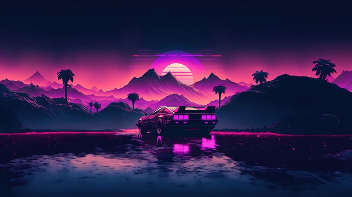 Retro Futuristic Vapor Ride Car at Sunset