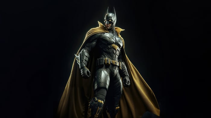 Batman in a dark suit with a gold cape