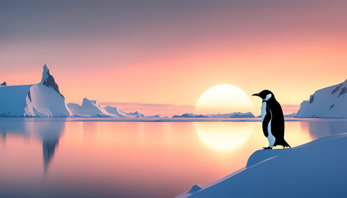Penguin on an icy shore at sunset