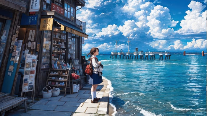 Young Girl by the Ocean Near a Shop