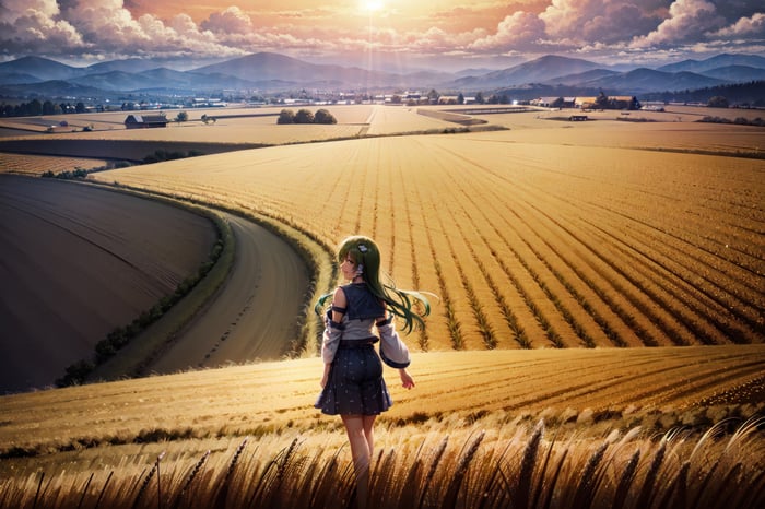 Anime girl with green hair in a wheat field at sunset