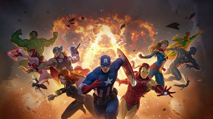 Avengers Heroes in front of an explosion