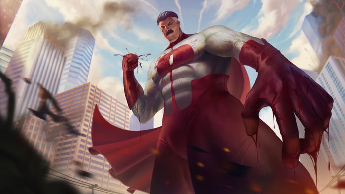 Omni-Man covered in blood in a destroyed city