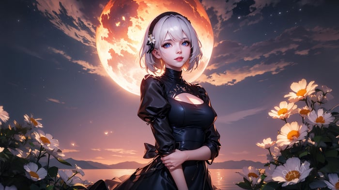 2B from Nier Automata in front of a large moon