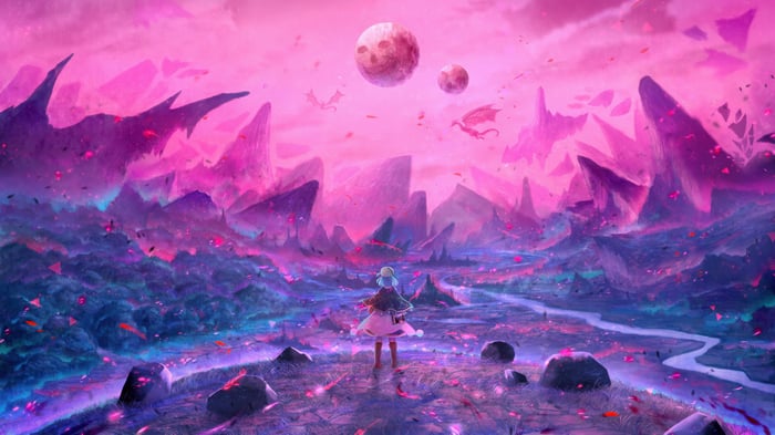 A young girl in a fantasy landscape with dragons