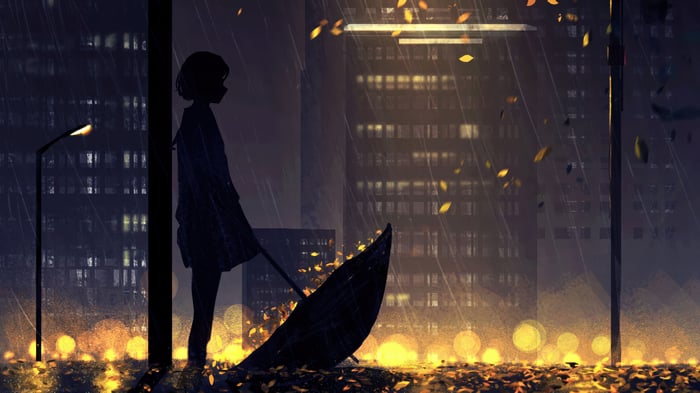 Anime Girl Holding Umbrella in Rainy City