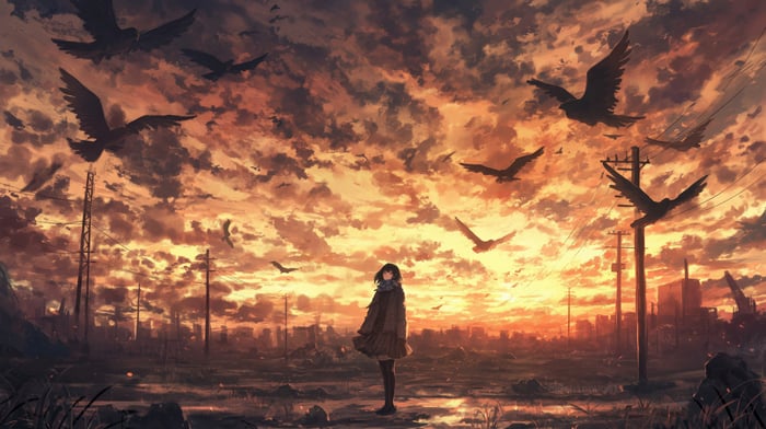 Girl and birds at sunset in a ruined city