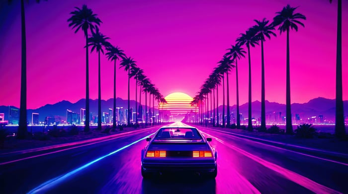 Retrowave Sunset Drive with Palm Trees and Cityscape