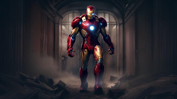 Iron Man standing in a ruined hallway