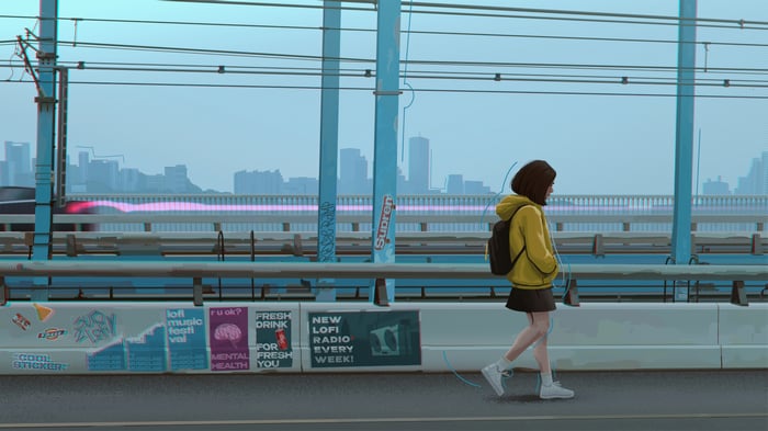 Girl Walking on a Bridge with Cityscape Background