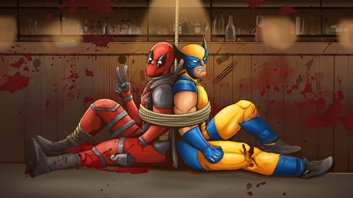 Deadpool and Wolverine tied up in a bar