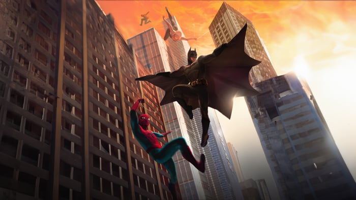 Batman and Spider-Man fight in a ruined city