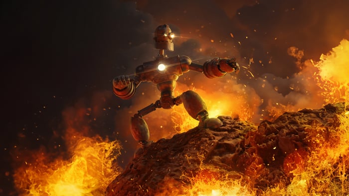 The Iron Giant in a fiery landscape