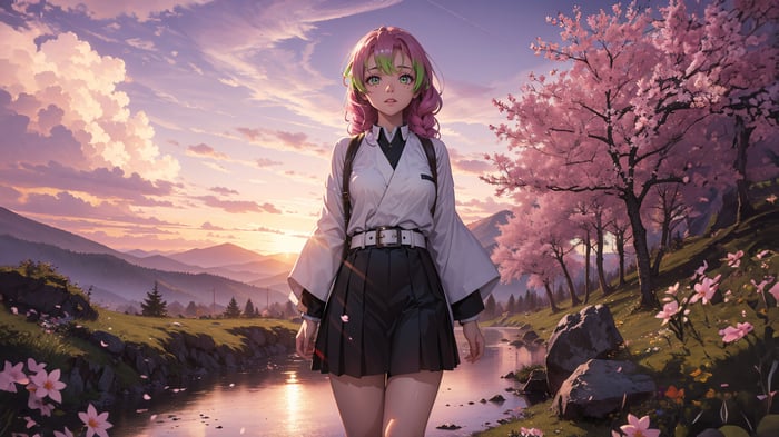 Anime girl with pink and green hair walking by a stream
