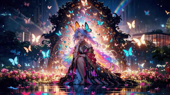 Dreamy Girl Surrounded by Butterflies in a Fantasy World
