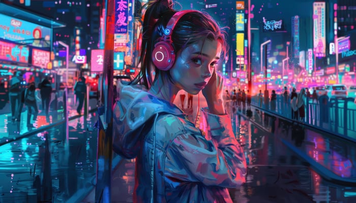 Anime girl with headphones in a neon city street