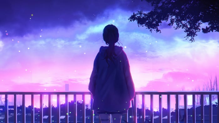 Anime Girl Looking at a Purple and Pink Sky