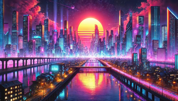 Futuristic City of Neon Dreams at Sunset