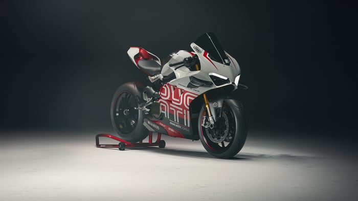 Ducati Panigale V4R motorcycle on a stand