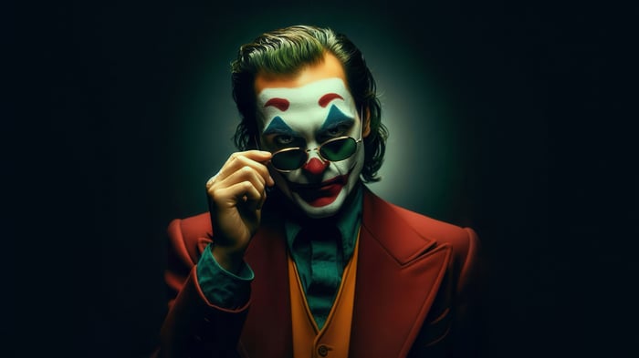 Joker wearing clown makeup and sunglasses