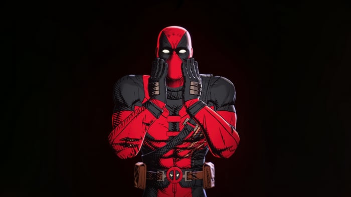 Deadpool with hands on face