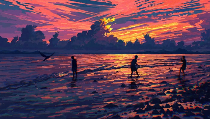 Friends playing on the shore during sunset