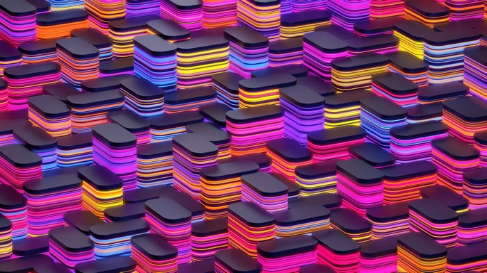 Abstract 3D rendered blocks with neon lights
