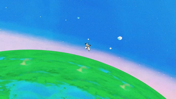 Kid Buu flying in space above a planet