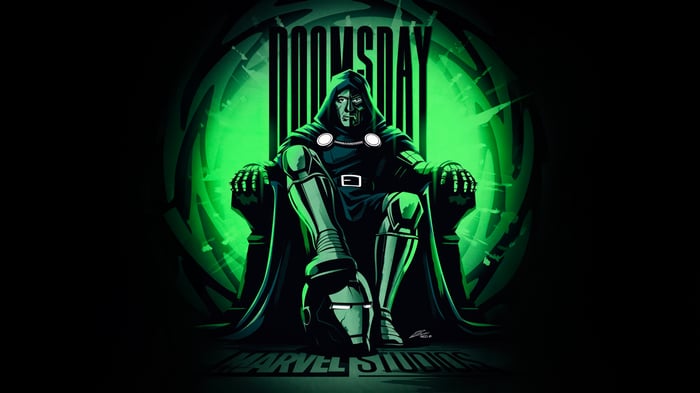 Doctor Doom sits on a throne with Iron Man's helmet
