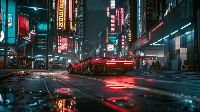 Cyberpunk 2077 Red Sports Car in Neon City