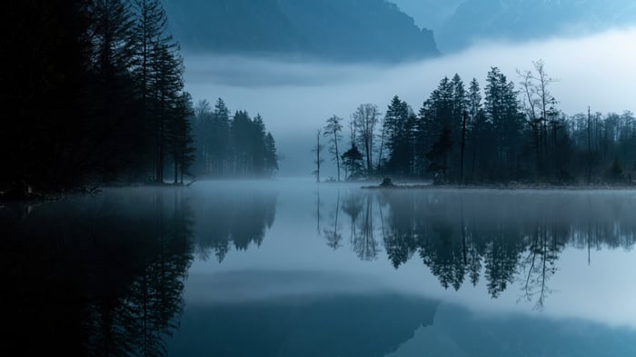 Misty lake with forest and mountain reflections
