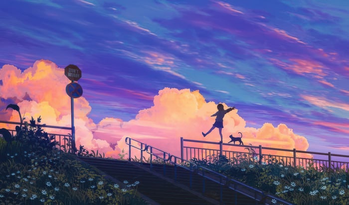 Anime girl and kitten walking on rails at sunset