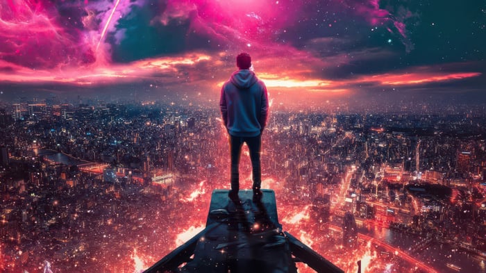 Hoodie Boy Standing on Edge of Cityscape Under Nebula