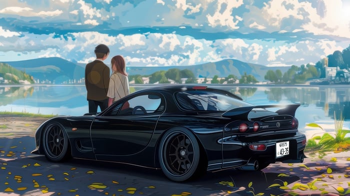 Couple and black Mazda RX-7 by the lake