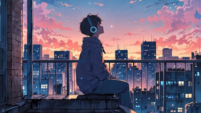 Person listening to music on a rooftop at sunset