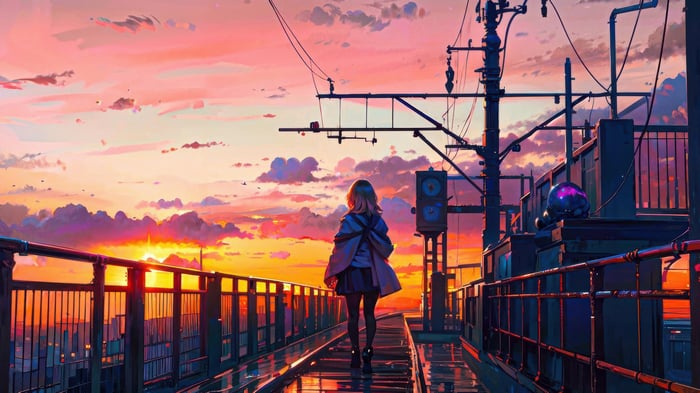 Girl walking on a rooftop at sunset