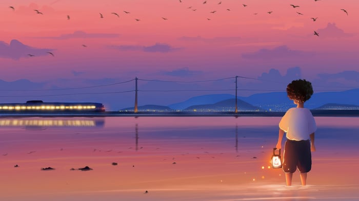 Boy with lantern walks in water at sunset