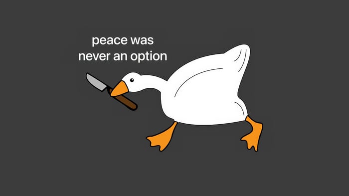Goose with knife, "Peace Was Never an Option"