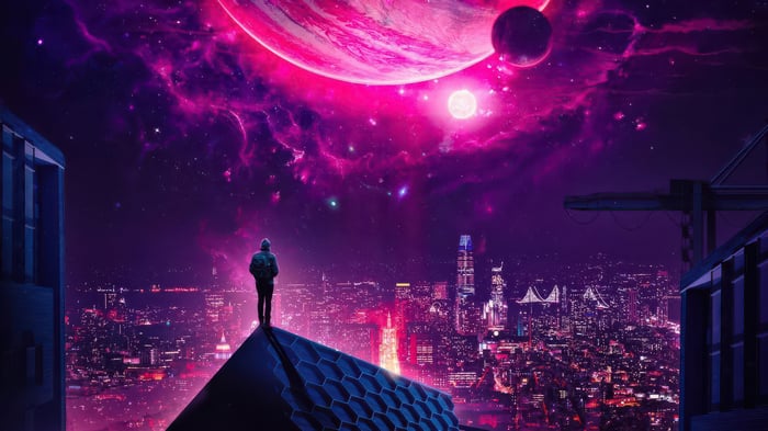 Person on rooftop overlooking futuristic city under alien sky