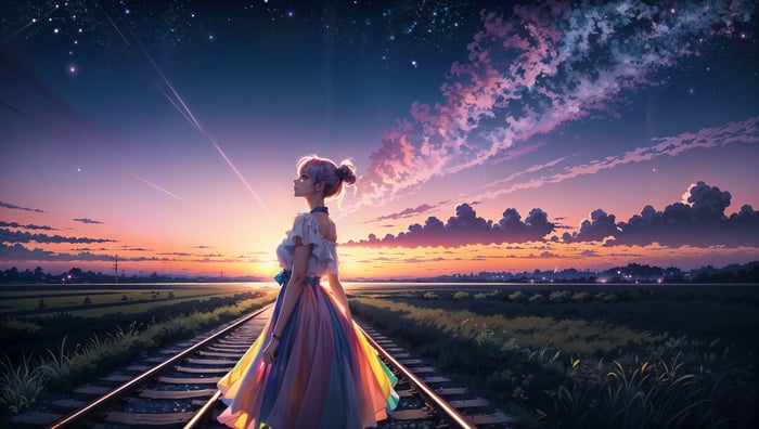Anime girl in a colorful dress on railway tracks at sunset