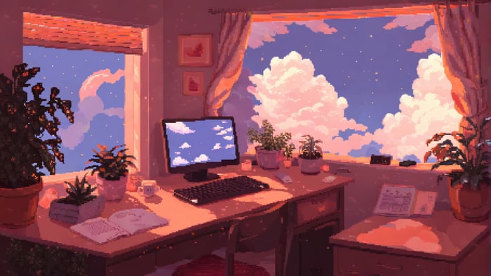 Pixel art workspace with a computer and window view