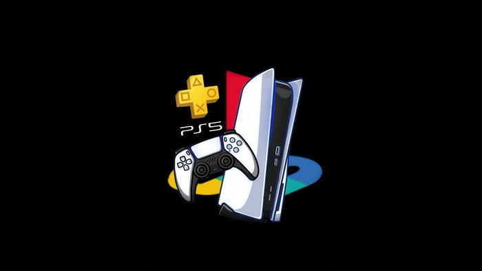 PS5 console, controller, and PlayStation Plus logo