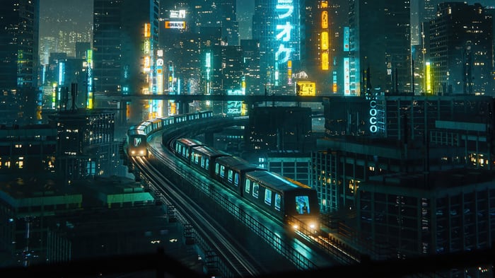 Futuristic Cityscape with Trains and Neon Lights