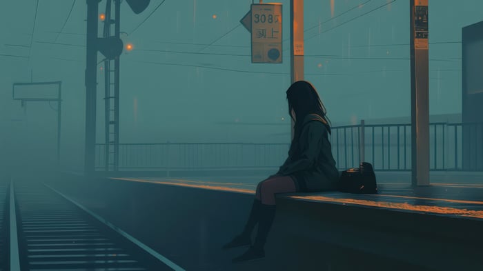 Girl sitting at a train station in the rain