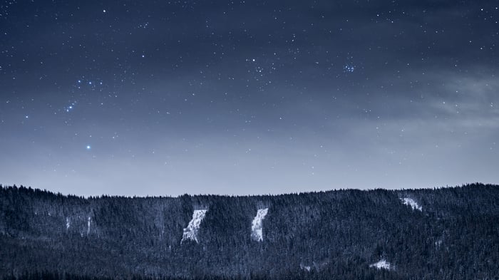 Starry Night Sky Over Snow-Covered Mountains