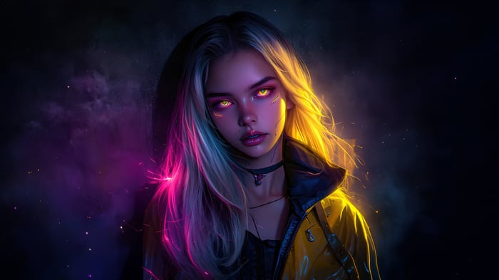 Cyberpunk woman with glowing eyes and pink and yellow hair