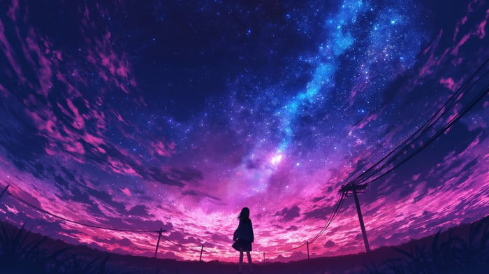 Anime girl watching a vibrant starry sky